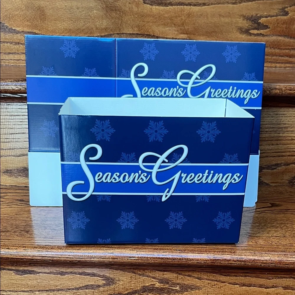 Set of 6 Blue Season's Greetings Gift Basket Boxes With Silver and White Filler